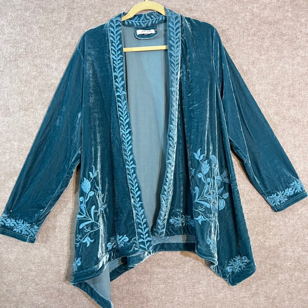Floriana Velvet Embroidered Cardigan Jacket Womens Large Teal Blue Open Front